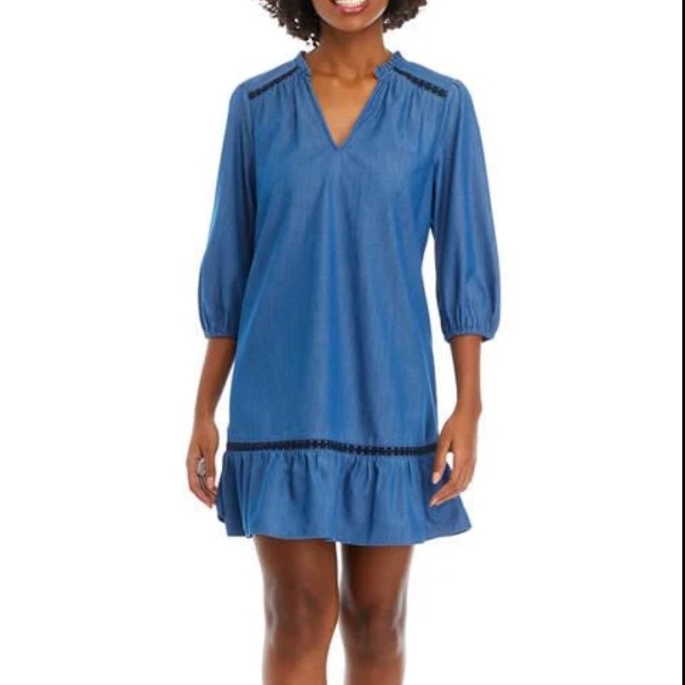crown & ivy Chambray Blue Ruffled Neck Blouse